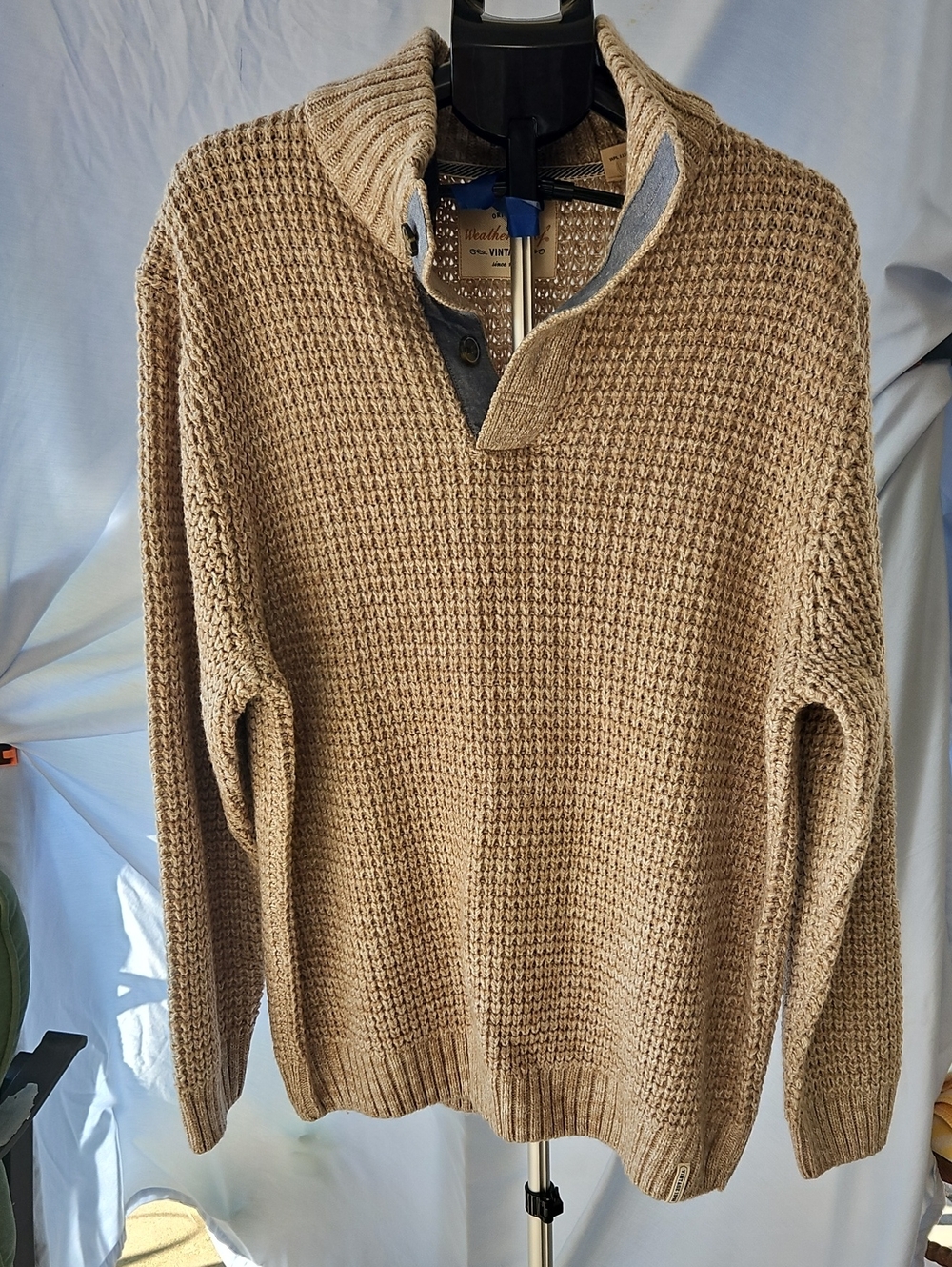 Weatherproof Men's Tan Quarter Button Up -Neck Textured Sweater